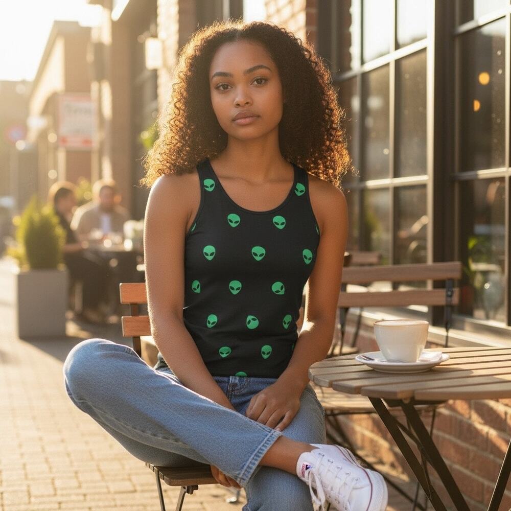 French Pastry Neon Green Alien Face Black tank S